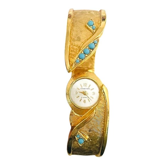 Vintage Crawford Gold‎ Hide Away Watch Bracelet Rare with Turquoise stones